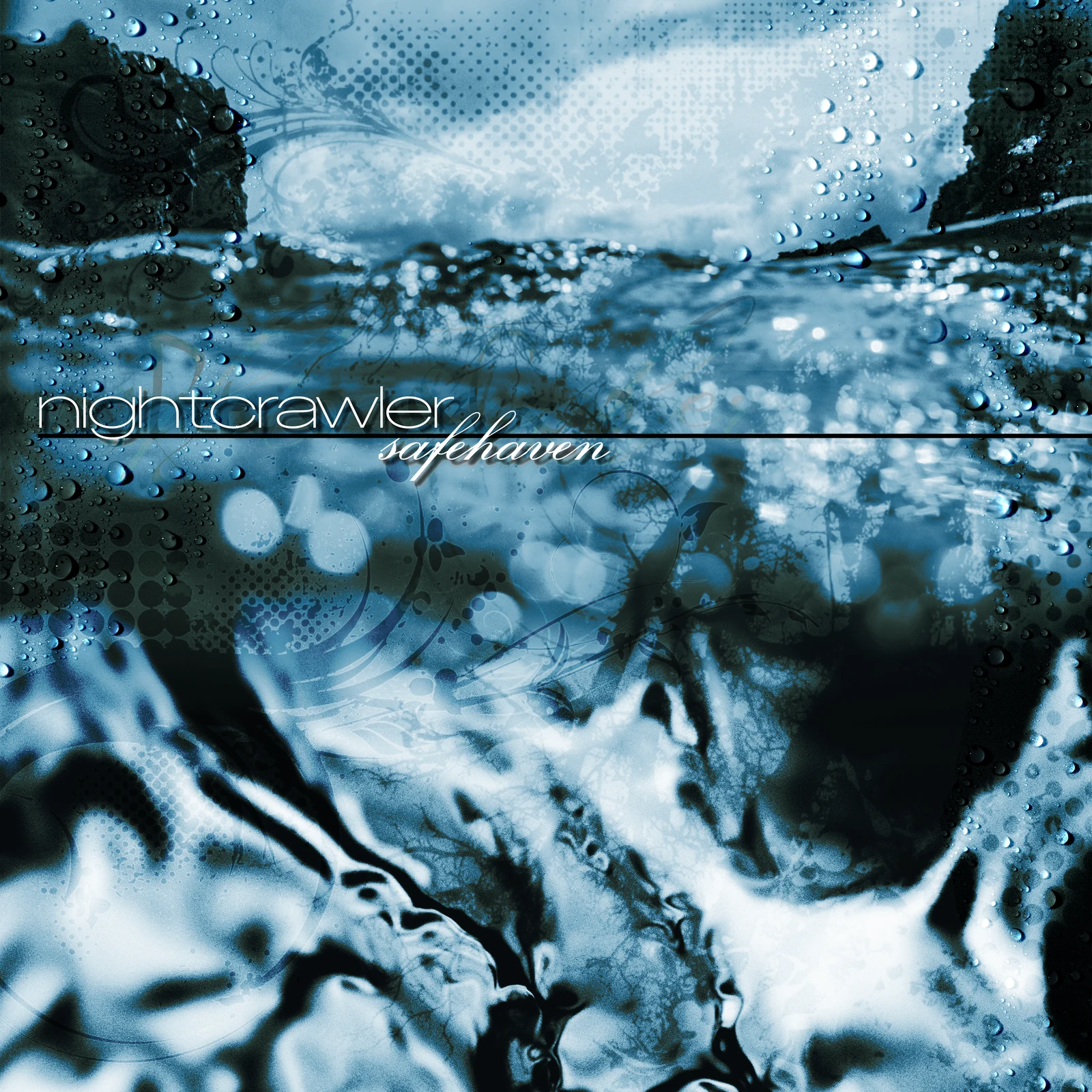 Nightcrawler artwork: rain on glass, blue reflections and overlapping silhouettes